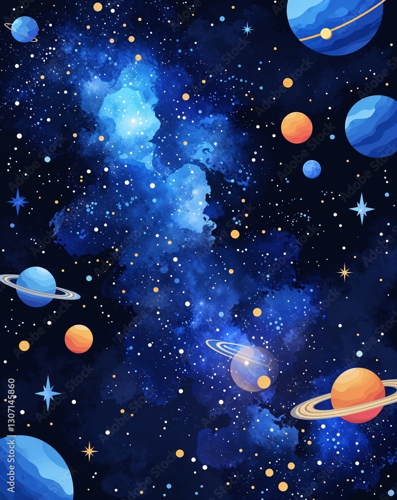 Fototapeta premium blue theme Starry galaxy outer space party invitation plain modern flat illustration background with copy space backdrop