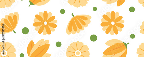 Cute orange flowers seamless pattern. White background. Floral template for seasonal creative graphic design. Vector illustration.