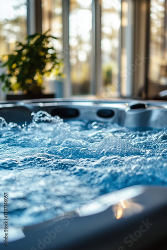 Bubbling Hot Tub Indoors. Indoor hot tub with bubbling water next to a window, ideal for relaxation and spa themes.