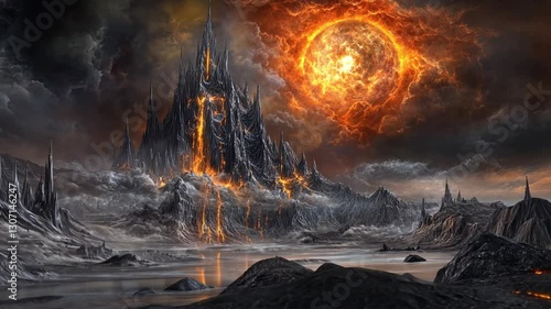Infernal Castle Under a Fiery Sun: A Digital Painting of a Dark Fantasy Landscape