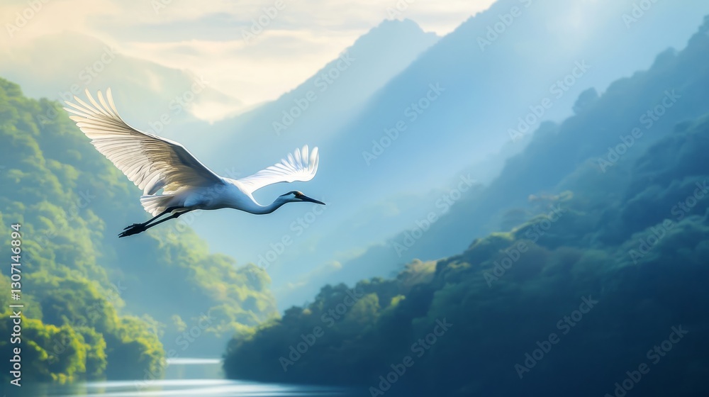 Crane soaring over mountain landscape, bright natural light, vibrant blue and green tones, and expansive peaceful atmosphere, wide-angle perspective. Crane soaring over mountain landscape, bright natural light, vibrant blue and green tones, and expansive peaceful atmosphere, wide-angle perspective.