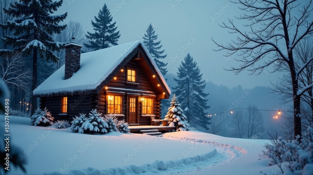 Naklejka premium Cozy Cabin in a Winter Wonderland A Serene Snow-Covered Log Home with Warm Lighting at Dusk