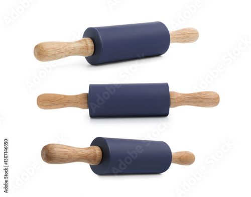 Rolling pin with wooden handles isolated on white, collage
