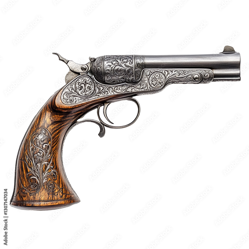Fototapeta premium A close-up of an intricately engraved and decorated single-shot revolver with a wooden handle on a white background.