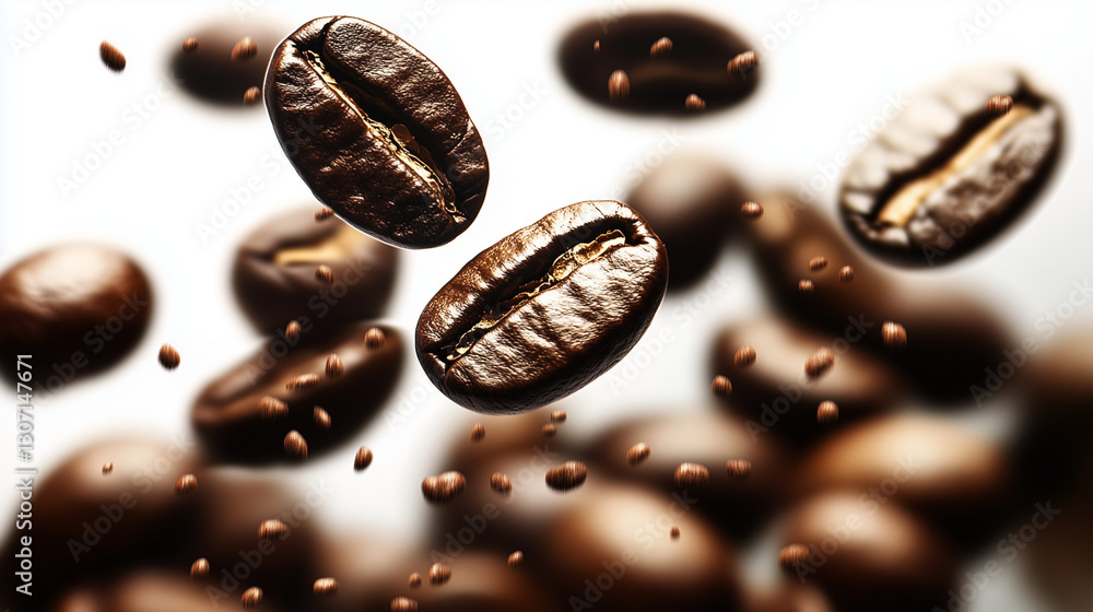 It's a surreal image of coffee beans floating in the air against a brown background and small wisps of smoke surrounding it. It's a surreal image of coffee beans floating in the air against a brown background and small wisps of smoke surrounding it.