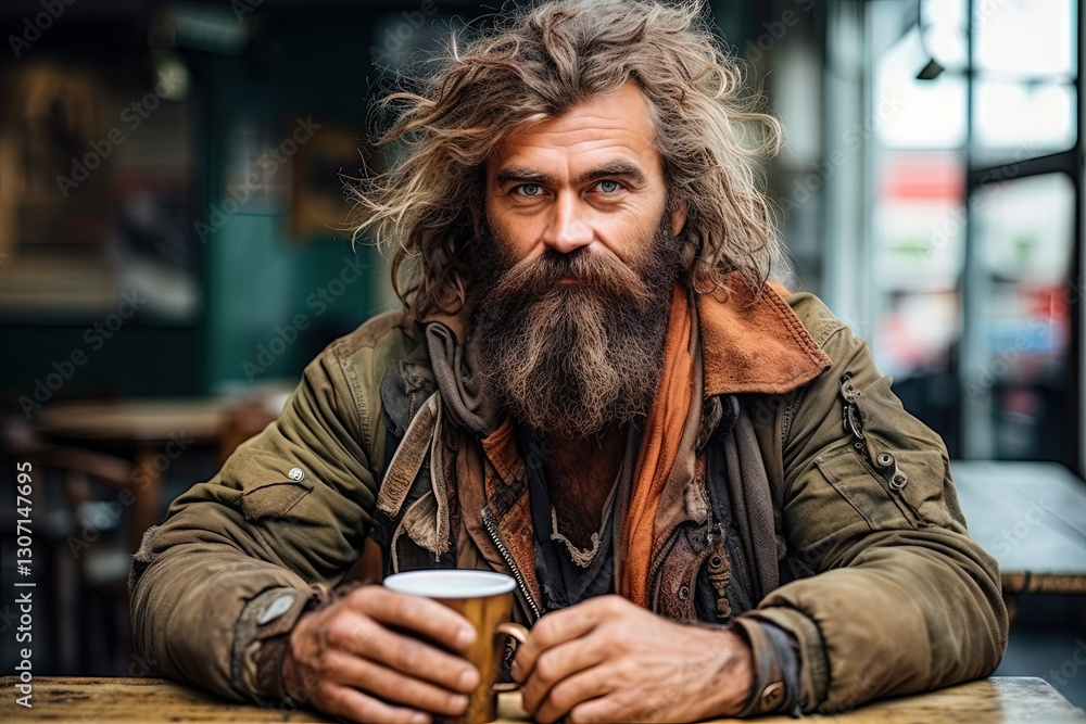 Man with a beard sits at a table with a cup of hot coffee. Cold season and hot drink Man with a beard sits at a table with a cup of hot coffee. Cold season and hot drink