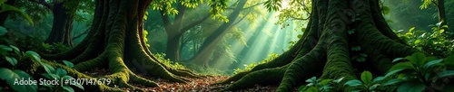 Vines and epiphytes covering ancient tree trunks, forest, ecosystem, epiphyte