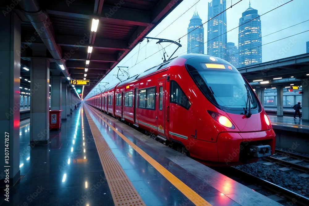 Fototapeta premium Curved glass station, vibrant red train arriving, steel, vehicle, railroad