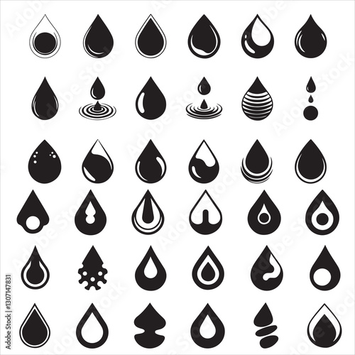 set vector various water drops and splash silhouettes