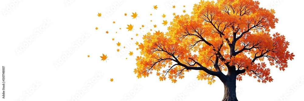 Foliage of a tall oak tree against white background, oak, autumn