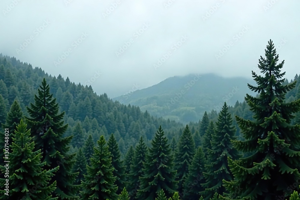 Fototapeta premium Foggy tree tops in a dense forest environment, foliage, overcast, nature