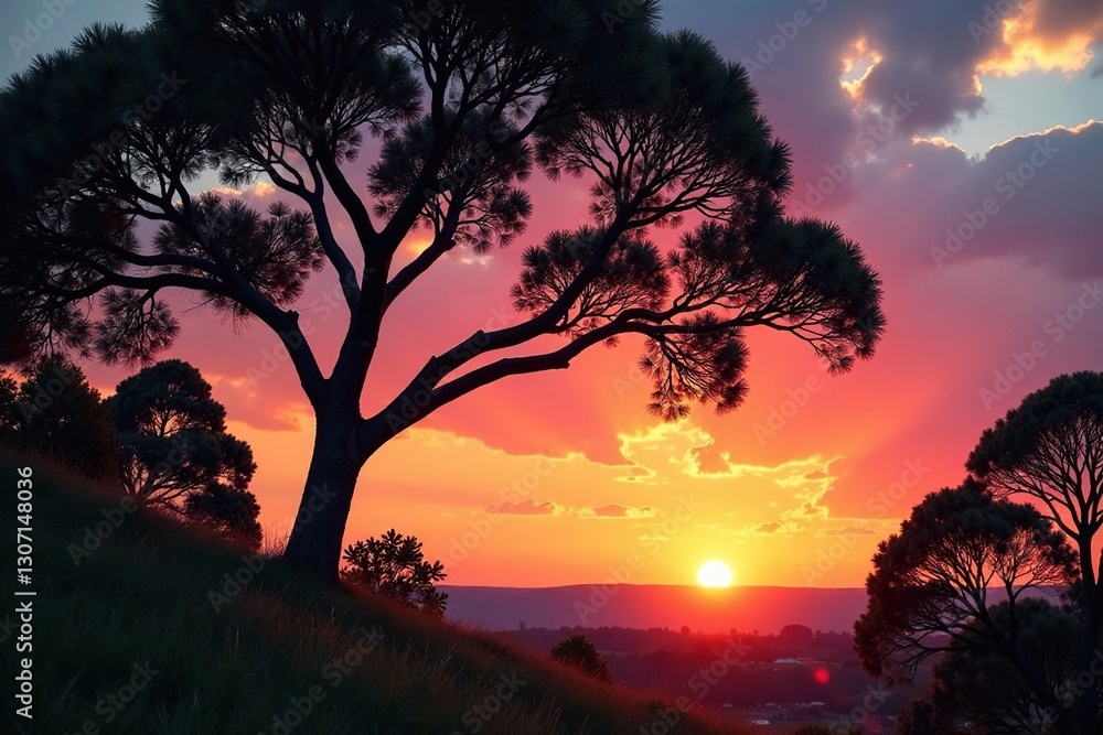 Foliage and branches of eucalyptus against sunset sky, tree, eucalyptus, color Foliage and branches of eucalyptus against sunset sky, tree, eucalyptus, color