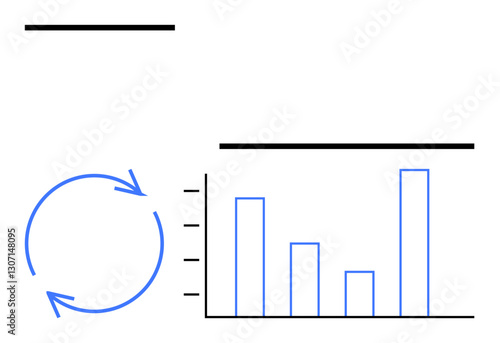 Circular arrow loop indicating iterative process next to a bar chart showing progress or analysis. Ideal for business, data analytics, growth, process, strategy, reports, workflow, flat simple