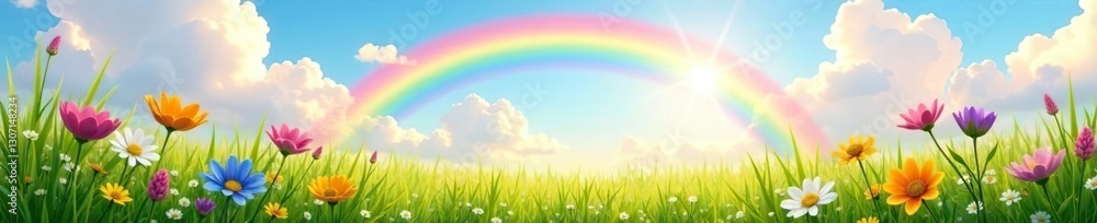 Pastel rainbow arcing above a lush meadow with wildflowers, soothing, colors, pastel Pastel rainbow arcing above a lush meadow with wildflowers, soothing, colors, pastel