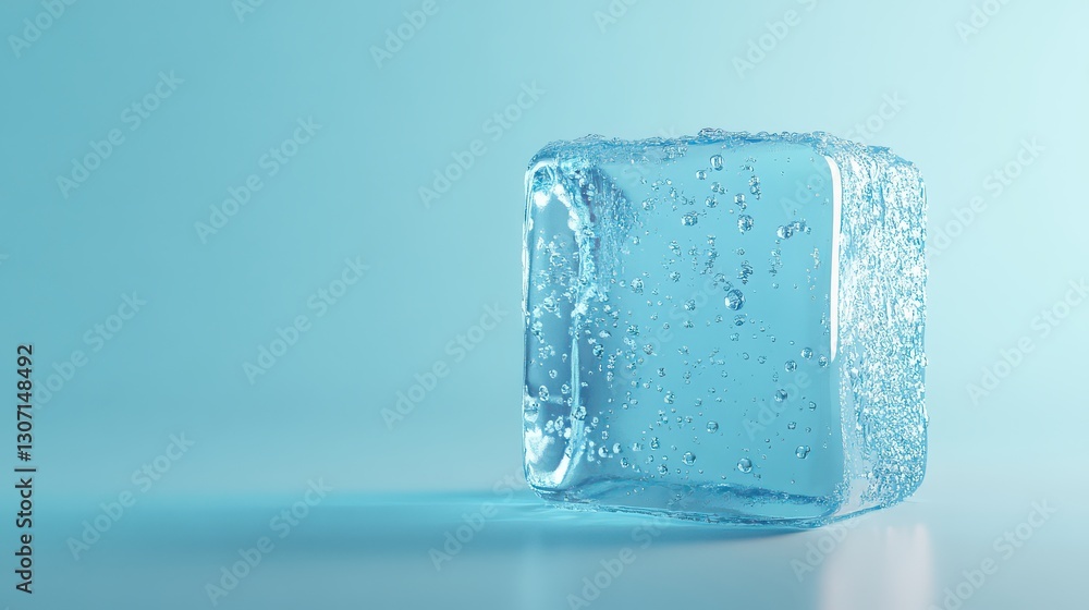 A single large ice cube with droplets of water on its surface, placed on a solid white background to emphasize its refreshing coldness. A single large ice cube with droplets of water on its surface, placed on a solid white background to emphasize its refreshing coldness.