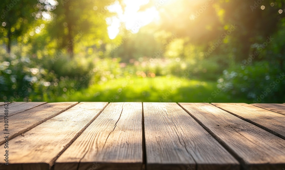 Wooden Tabletop with Green Garden Background and Bokeh Sunlight Effect Wooden Tabletop with Green Garden Background and Bokeh Sunlight Effect