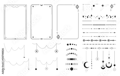 Frame border templates with celestial design elements. Garlands, dividers, pendants and borders with space decorations, crescents and stars