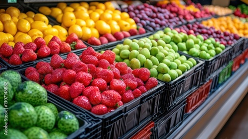 Colorful fresh fruits in market display.