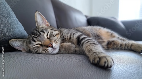 Wallpaper Mural Tabby cat sleeping peacefully on a grey couch. Torontodigital.ca
