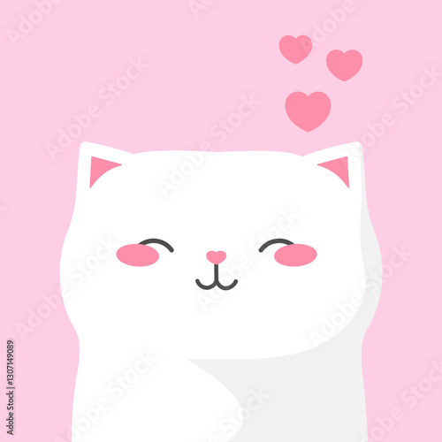 Cute hand drawn white cat with closed eyes. Childish cartoon cat in love. Vector illustration