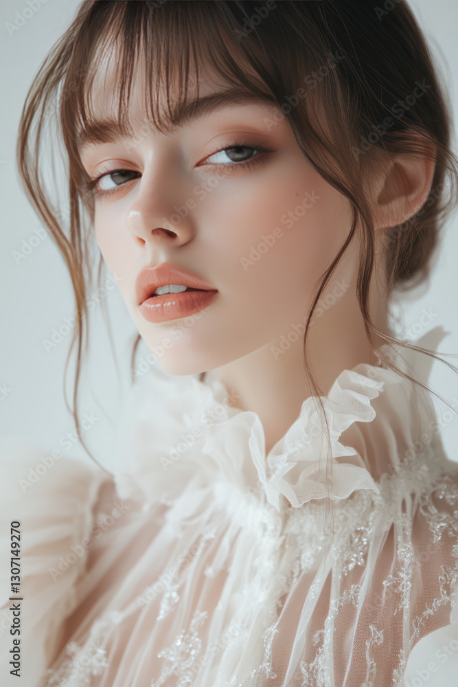 close up shot of girl with soft features, wearing delicate white dress with ruffles, serene expression and natural makeup. background is softly blurred close up shot of girl with soft features, wearing delicate white dress with ruffles, serene expression and natural makeup. background is softly blurred