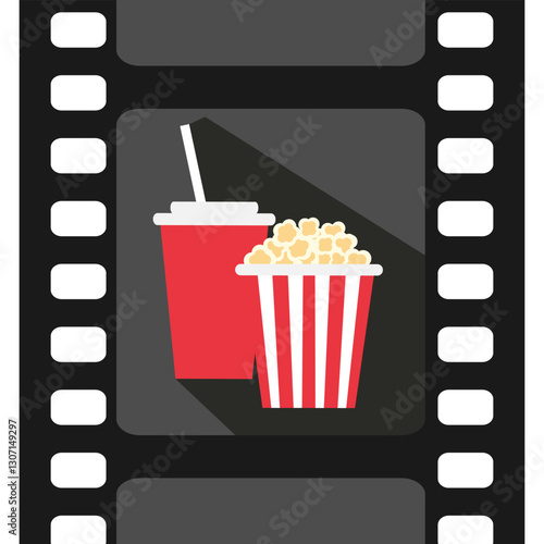 Popcorn and soda icon in movie filmstrip. Cinema movie icon symbol. Vector illustration