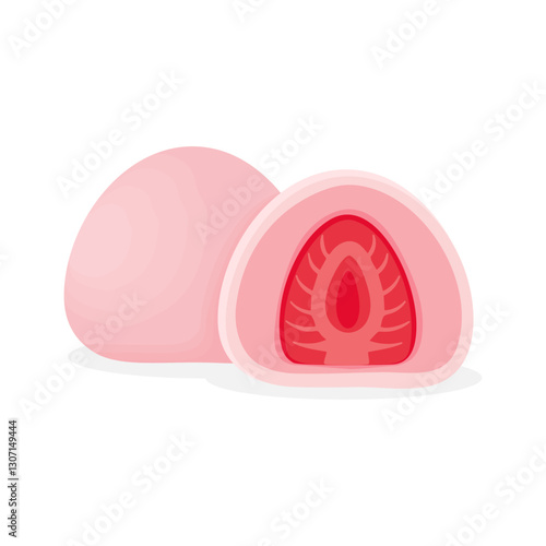 Mochi Daifuku ichigo isolated on white background. Japanese sweet rice cake cartoon dessert with strawberry. Vector illustration