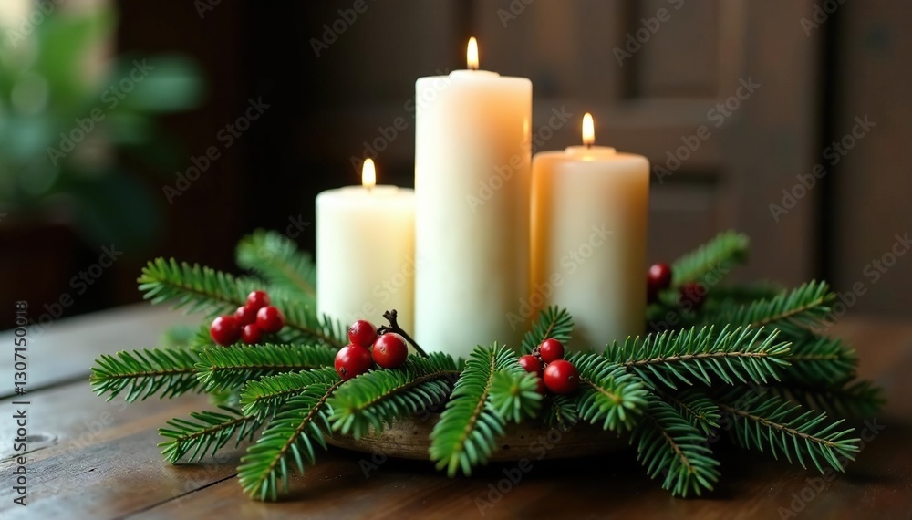Pine branch centerpiece with white candles and greenery, white candles, holiday, rustic Pine branch centerpiece with white candles and greenery, white candles, holiday, rustic