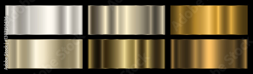 A set of gold and platinum gradients with an outline on a black background. Metallic gradient effects for text and infographic design. A metal banner. Vector EPS 10.