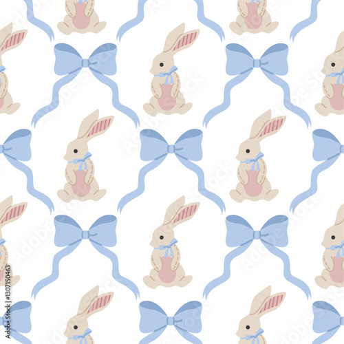 Cute, spring, cozy pattern with a blue bow and a beautiful bunny