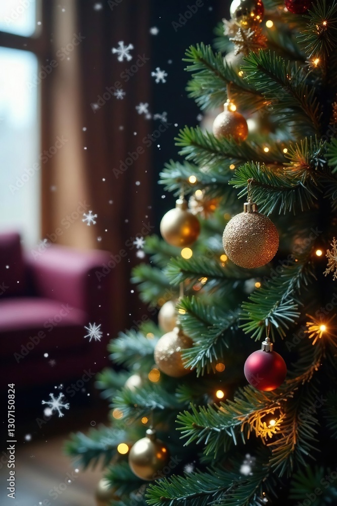 Sparkling snowflakes fall on a festive Christmas tree, holiday decor, festive lights Sparkling snowflakes fall on a festive Christmas tree, holiday decor, festive lights