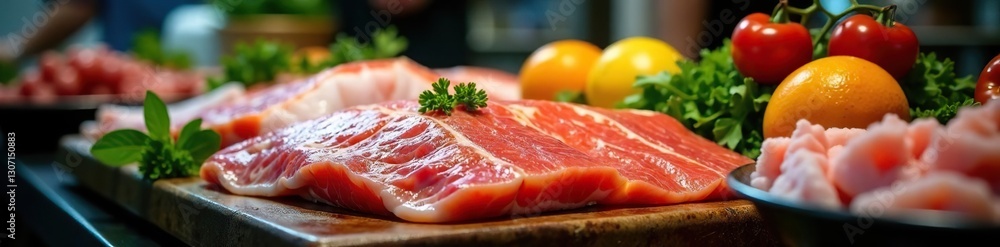 Verkauftes Thunfischfleisch in einer italienischen Fischhalle, MediterraneanSea, FarmersMarket Verkauftes Thunfischfleisch in einer italienischen Fischhalle, MediterraneanSea, FarmersMarket
