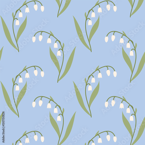 Cute, spring pattern. Lilies of the valley on a blue background