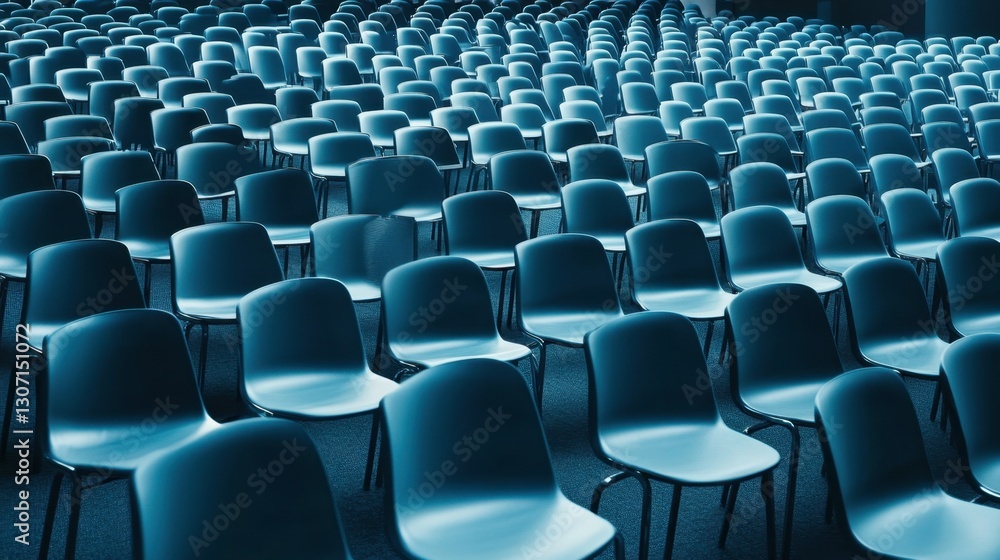 Naklejka premium A spacious conference hall with rows of empty chairs, ready for an event or presentation.