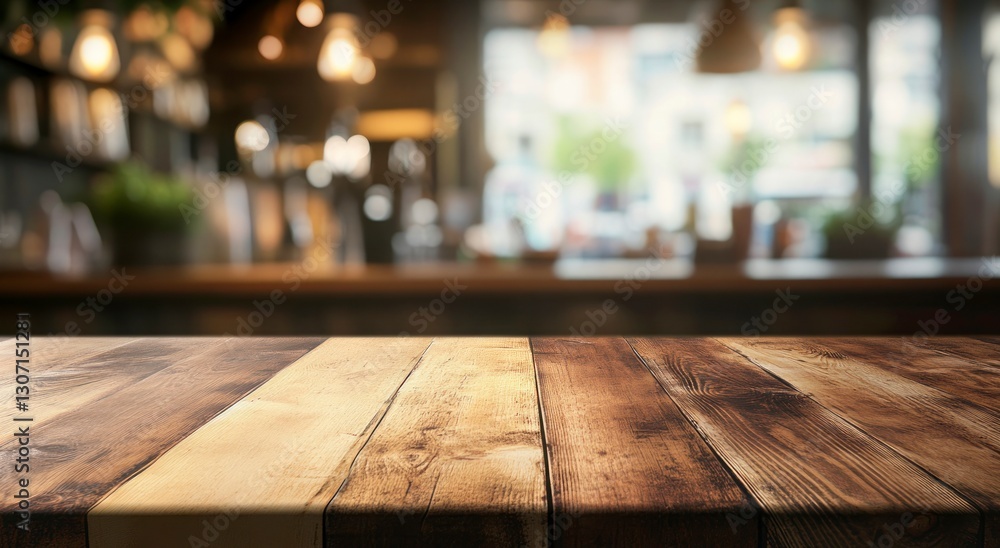 Wooden Table Surface with Blurred Cafe Background Perfect for Product Placement Wooden Table Surface with Blurred Cafe Background Perfect for Product Placement