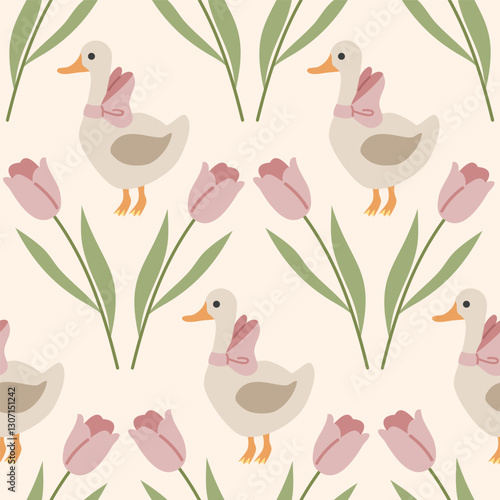 Cute, spring, cozy pattern with tulips and duck. Cute duck character with bow on his neck