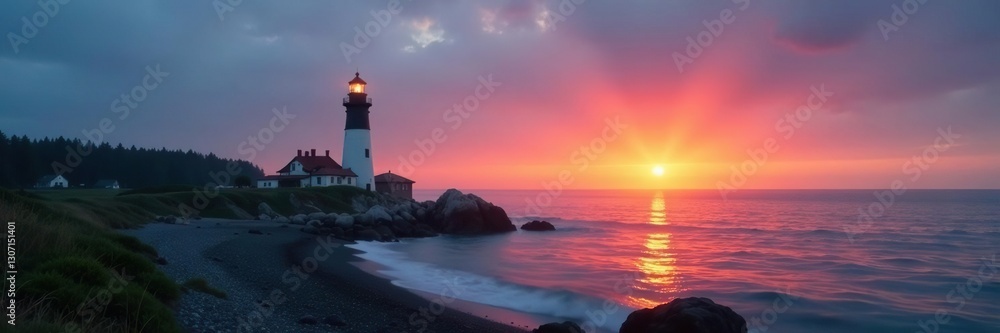 Obraz premium Misty Georgian Bay sunset at a lone lighthouse tower, seclusion, coastal scenery, serene