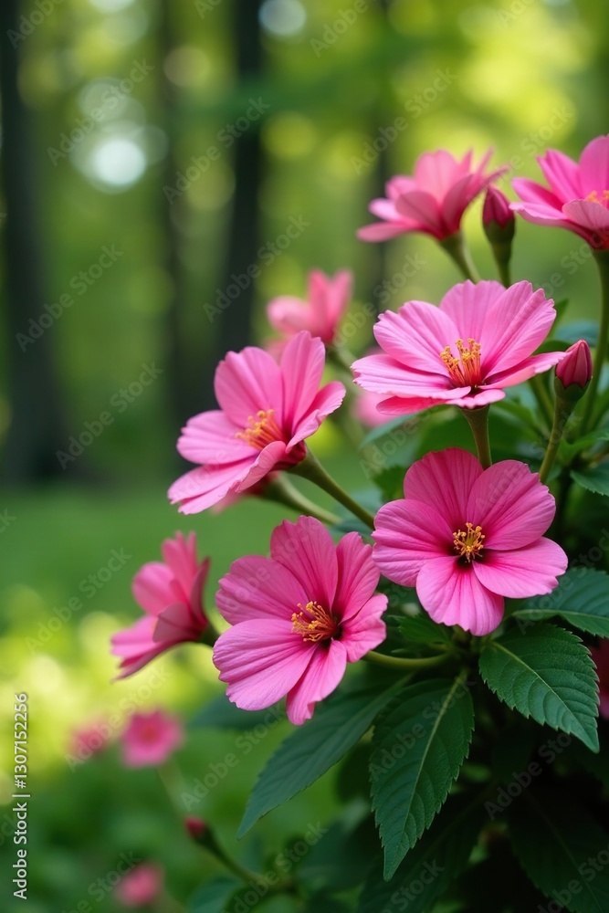 Pink flower bush in a garden with trees background, isolation, flower bush Pink flower bush in a garden with trees background, isolation, flower bush