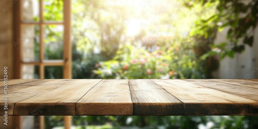 Rustic Wood Tabletop with Blurred Garden Background for Product Display Rustic Wood Tabletop with Blurred Garden Background for Product Display