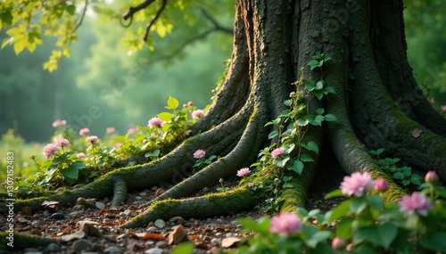 Vines and flowers blooming around an ancient tree root, tree, root, vegetation