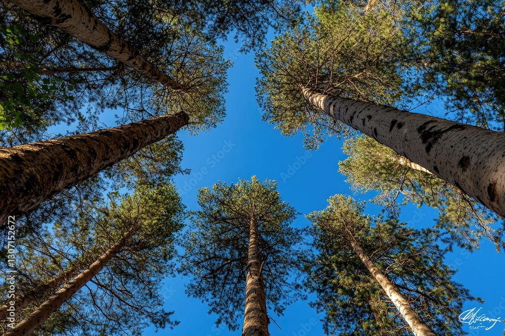 Fototapeta premium A serene view of tall trees reaching towards a clear blue sky, creating a peaceful and natural atmosphere.