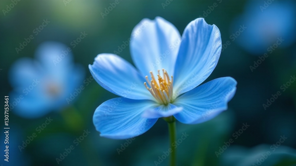 A single, delicate light blue flower with soft petals and a vibrant yellow center, gently illuminated against a softly blurred background of similar blooms. A single, delicate light blue flower with soft petals and a vibrant yellow center, gently illuminated against a softly blurred background of similar blooms.