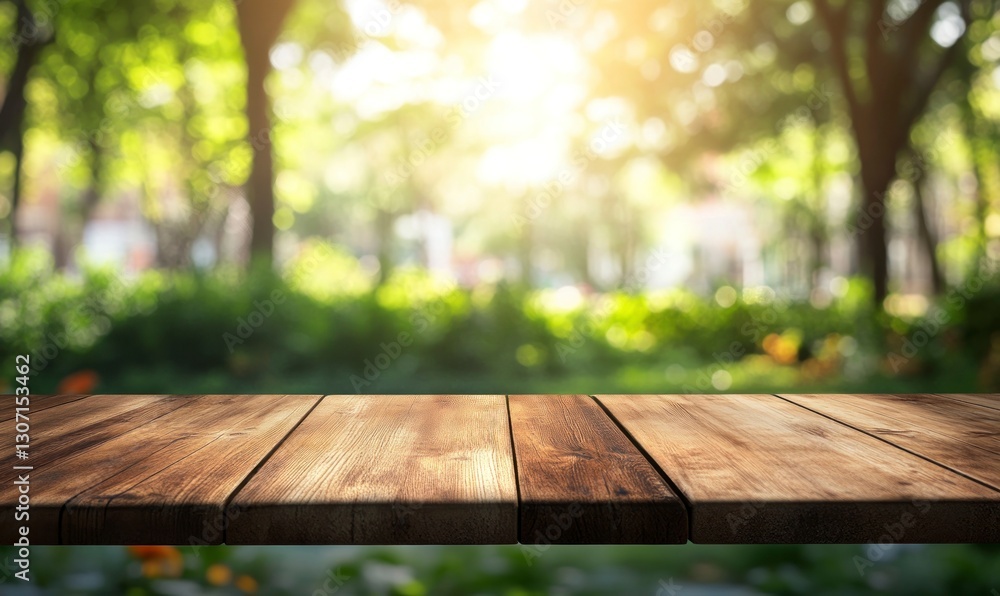 Wooden Tabletop Background with Blurred Green Trees and Sunlight Wooden Tabletop Background with Blurred Green Trees and Sunlight