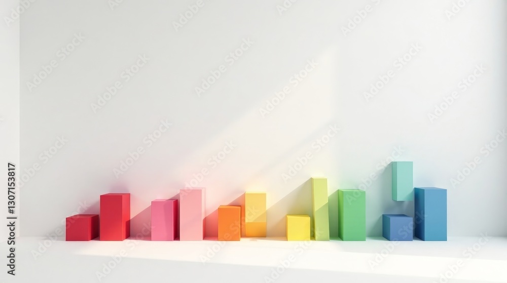 Fototapeta premium Colorful Blocks Arranged in Ascending Order Against a White Wall in a Minimalist Setting