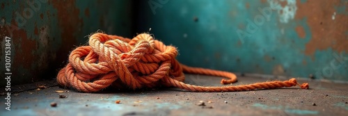 Tangled rope in a corner with an unattached end, rope coil, cord, messy rope