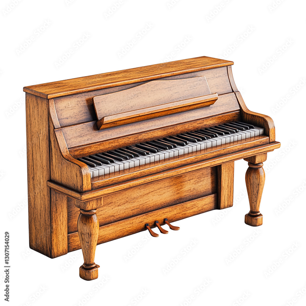 A wooden upright piano with its lid open on a white background. A wooden upright piano with its lid open on a white background.