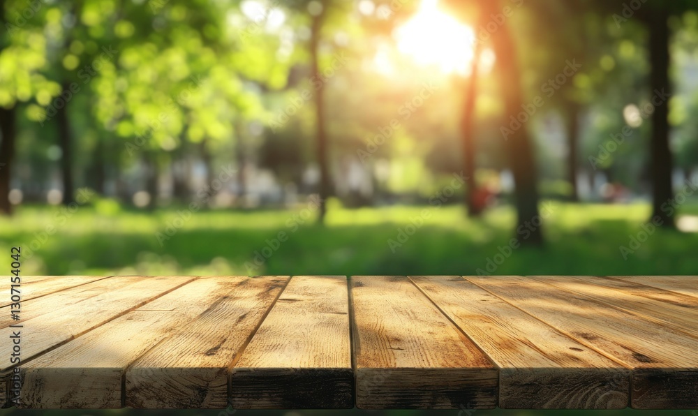 Wooden Table in Sunny Park Setting Ready for Product Presentation Wooden Table in Sunny Park Setting Ready for Product Presentation