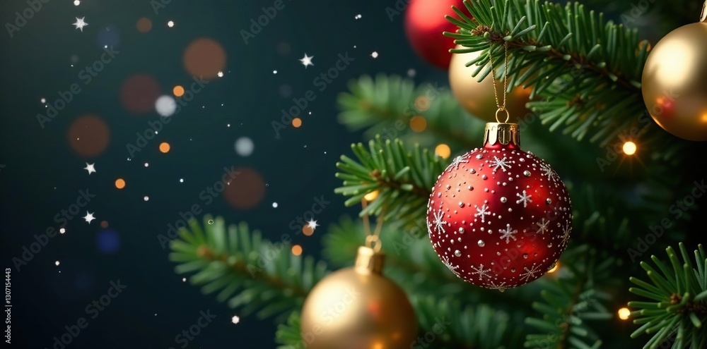 Sparkling snowflakes dance around golden ornaments on a festive Christmas tree, christmas tree, ornaments Sparkling snowflakes dance around golden ornaments on a festive Christmas tree, christmas tree, ornaments