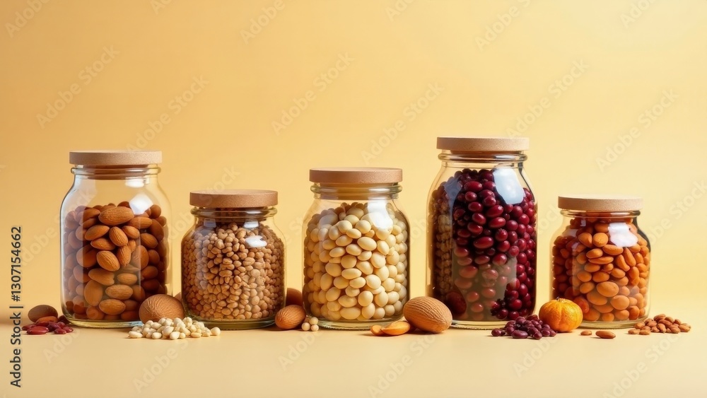 A collection of various nuts and legumes in clear glass jars on a pale yellow background A collection of various nuts and legumes in clear glass jars on a pale yellow background