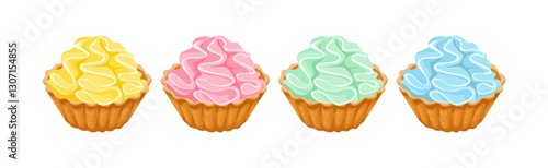 Set of multicolored cupcakes with whipped cream. Vector cartoon flat illustration of dessert